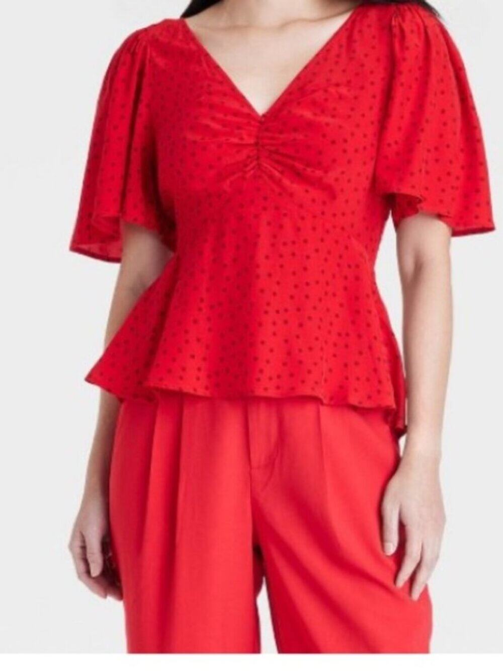 A New Day Red Polka Dot V-Neck Flutter Sleeve Top Lightweight Tie Back Size XXL